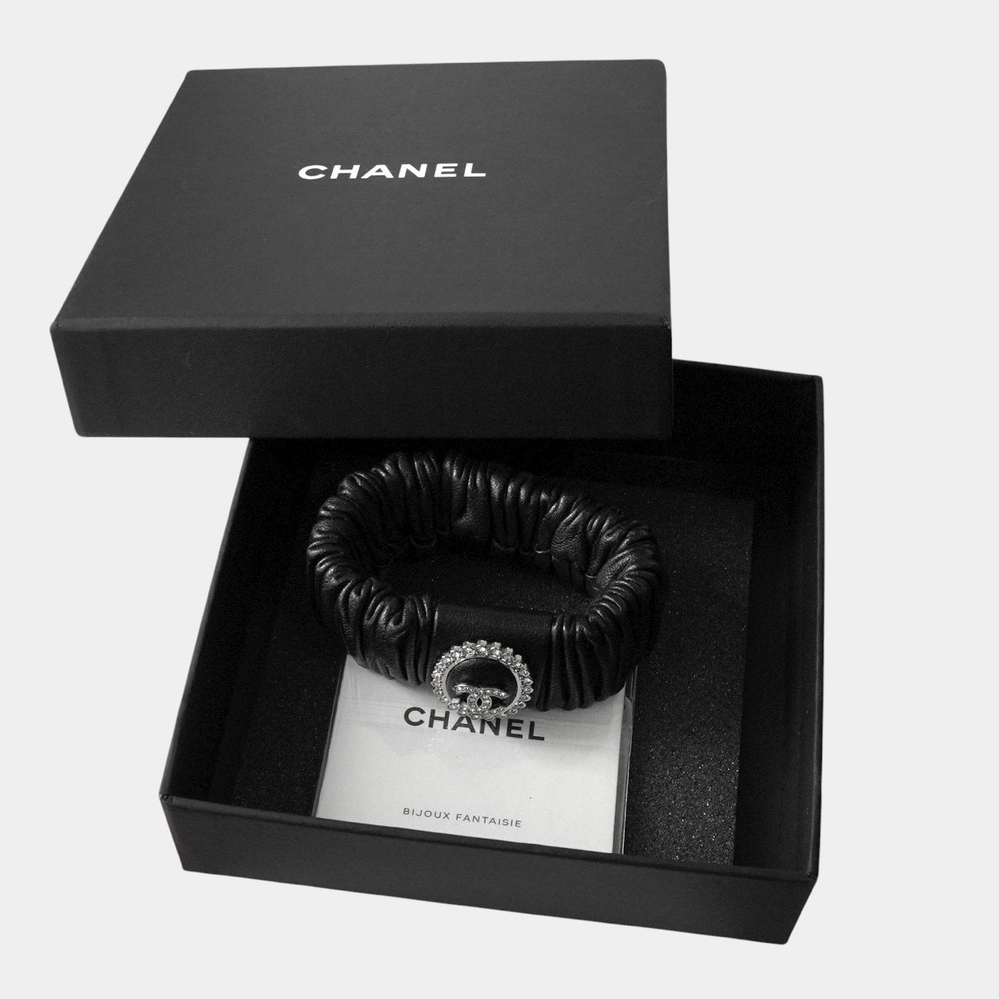 CHANEL Coco Mark Rhinestone Leather Scrunchie Hair Tie Black with Box Hair Accessory