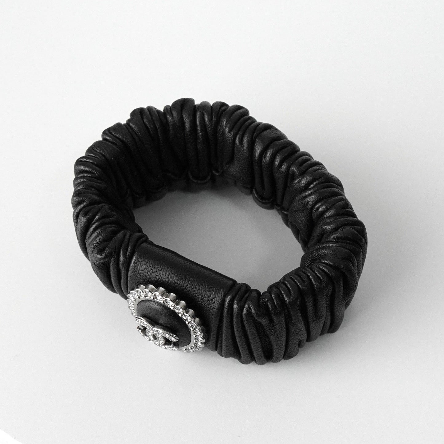 CHANEL Coco Mark Rhinestone Leather Scrunchie Hair Tie Black with Box Hair Accessory