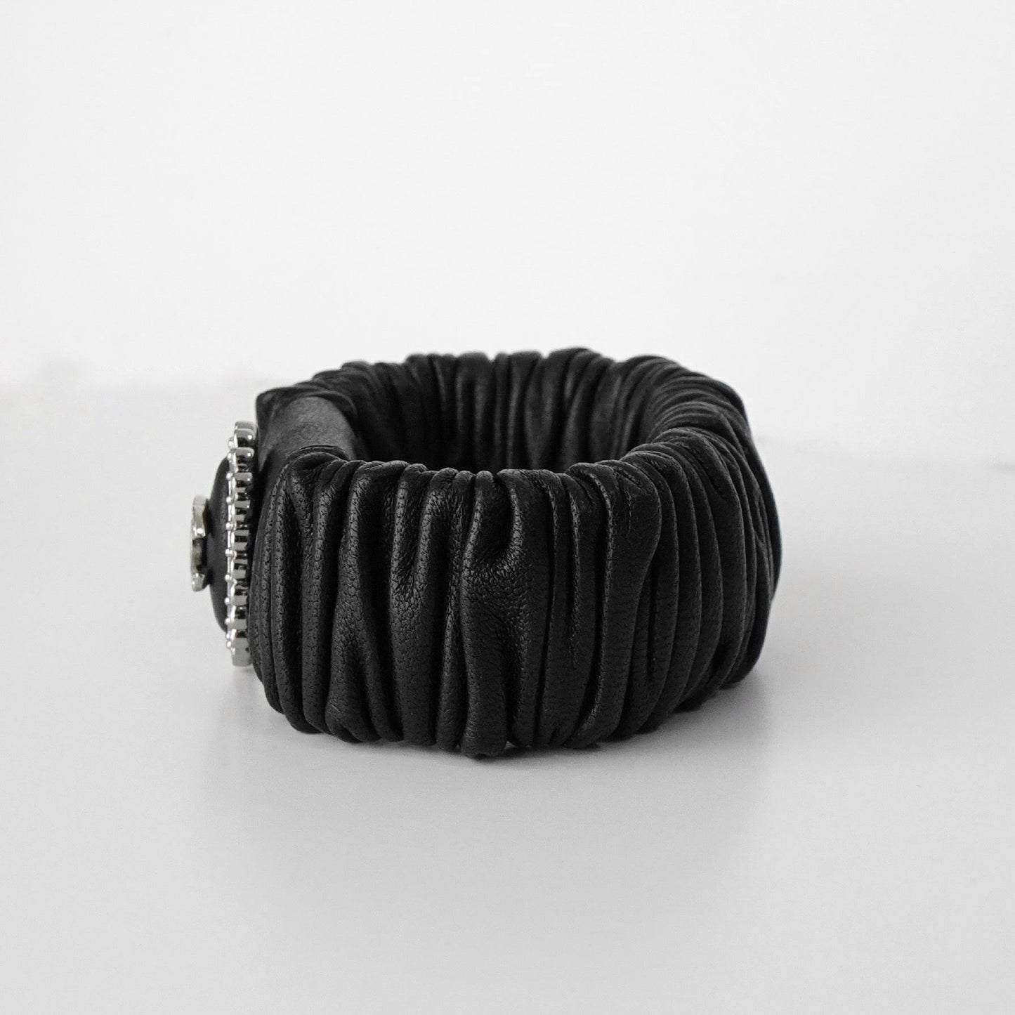 CHANEL Coco Mark Rhinestone Leather Scrunchie Hair Tie Black with Box Hair Accessory