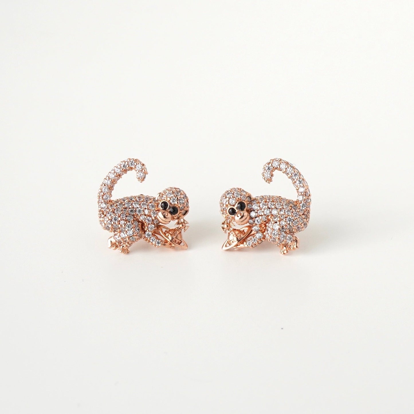 Vivienne Westwood Orb Monkey Rhinestone Earrings in Pink Gold with Box