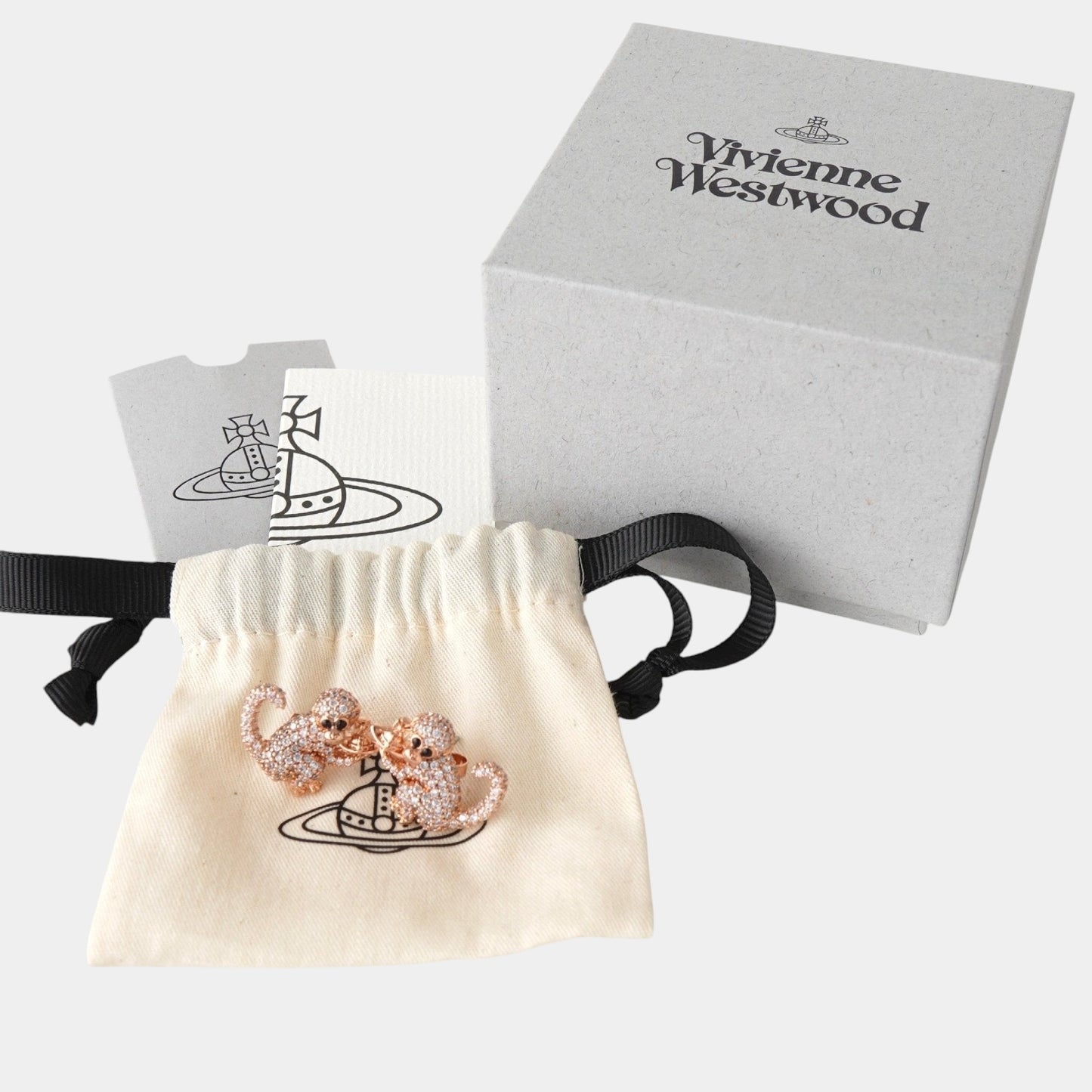 Vivienne Westwood Orb Monkey Rhinestone Earrings in Pink Gold with Box