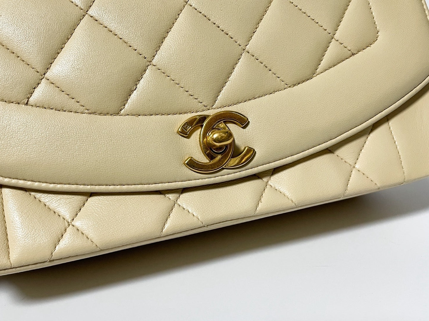 CHANEL Diana Beige Lambskin Matelasse Shoulder Bag with Seal