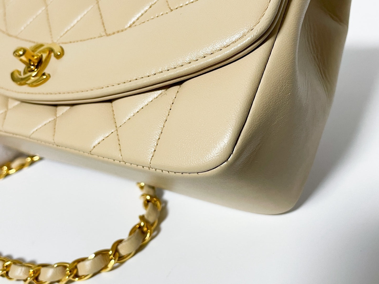 CHANEL Diana Beige Lambskin Matelasse Shoulder Bag with Sticker and Card