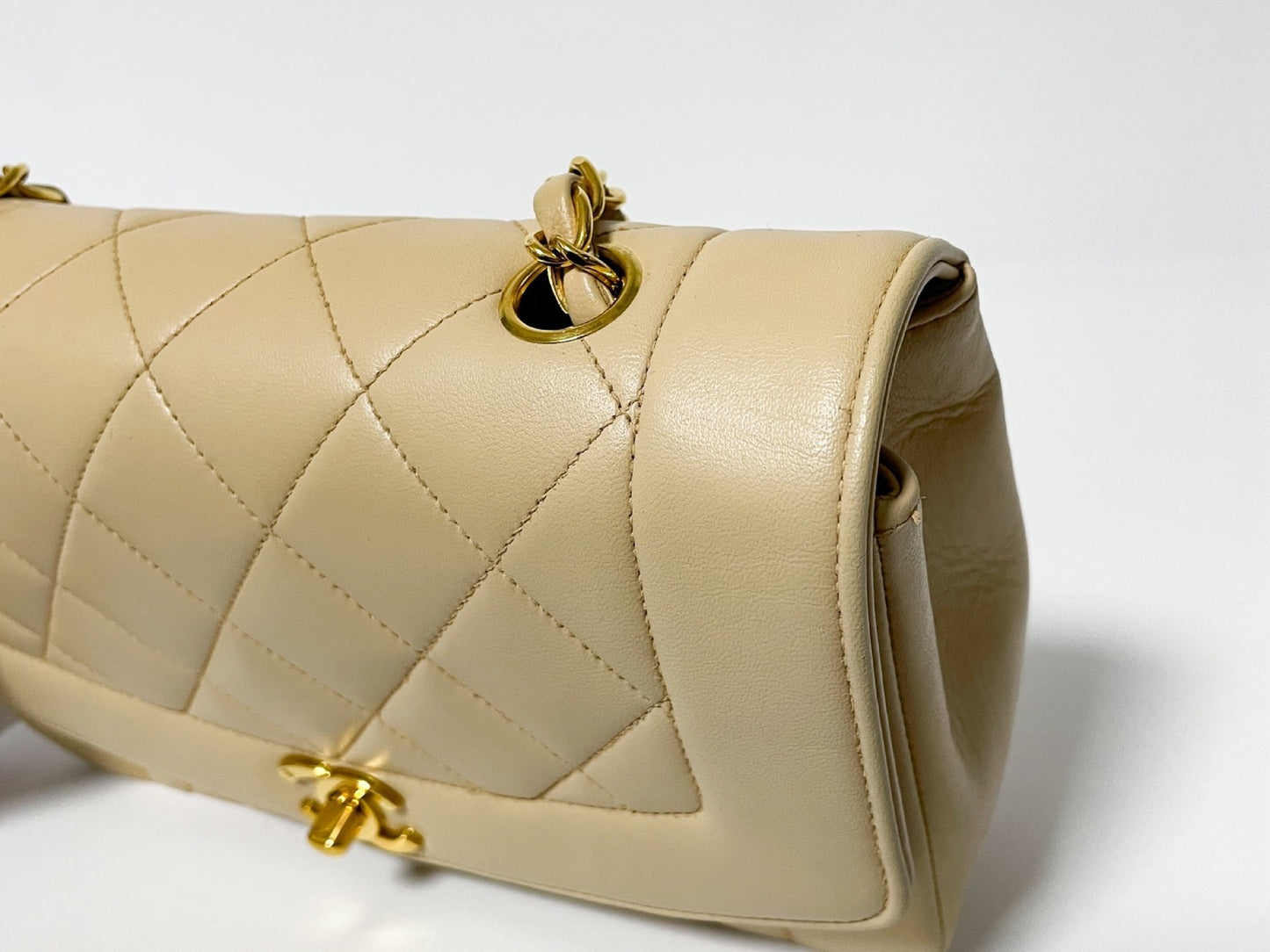 CHANEL Diana Beige Lambskin Matelasse Shoulder Bag with Sticker and Card