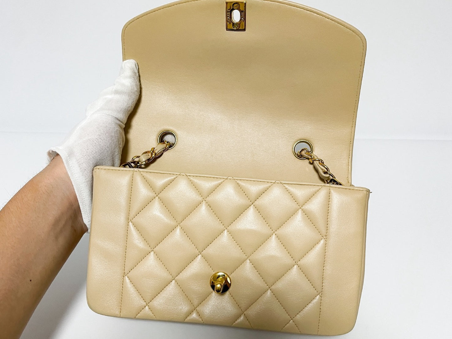 CHANEL Diana Beige Lambskin Matelasse Shoulder Bag with Sticker and Card