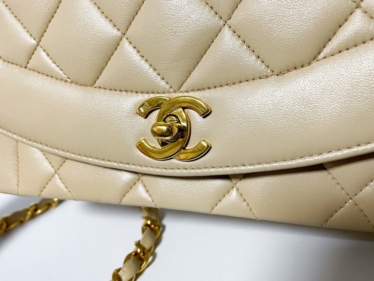 CHANEL Diana Beige Lambskin Matelasse Shoulder Bag with Sticker and Card