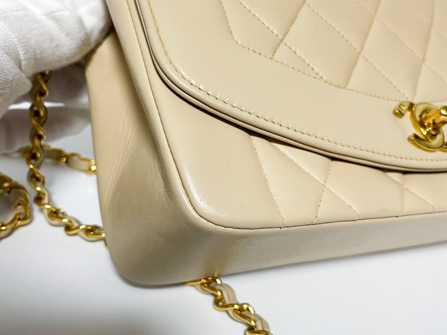 CHANEL Diana Beige Lambskin Matelasse Shoulder Bag with Sticker and Card