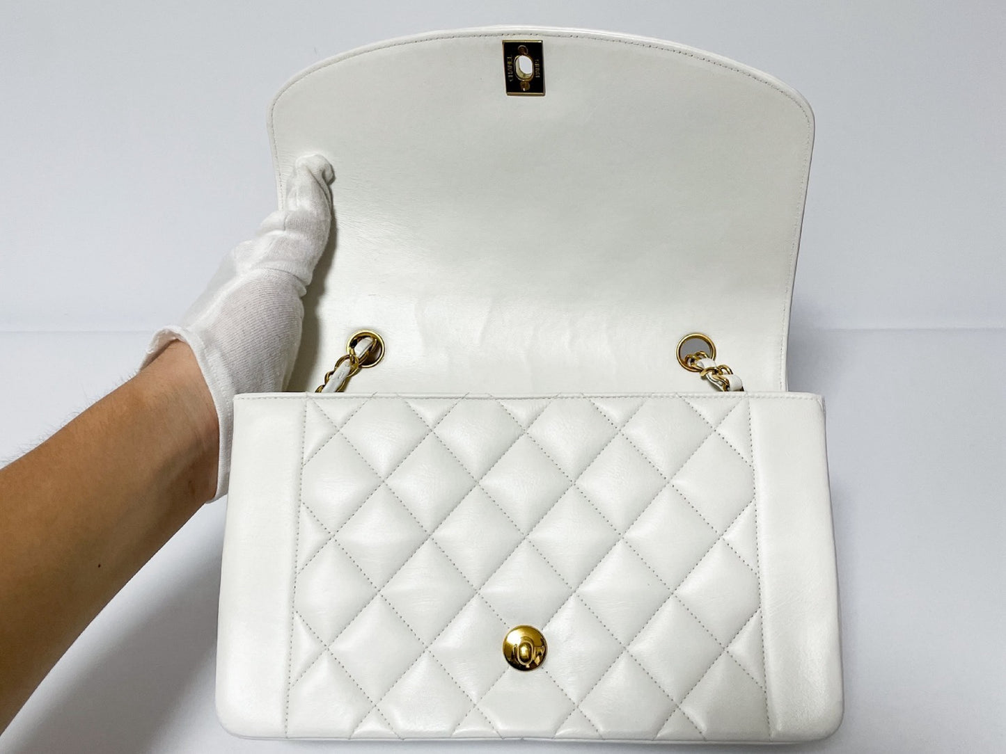 CHANEL Diana Lambskin Matelasse White Shoulder Bag with Seal