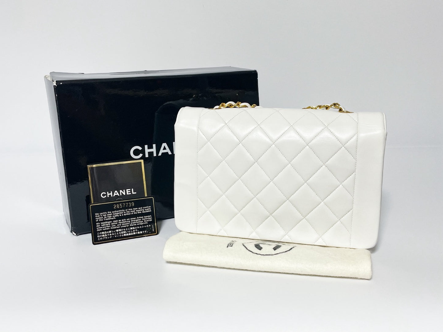 CHANEL Diana Lambskin Matelasse White Shoulder Bag with Seal