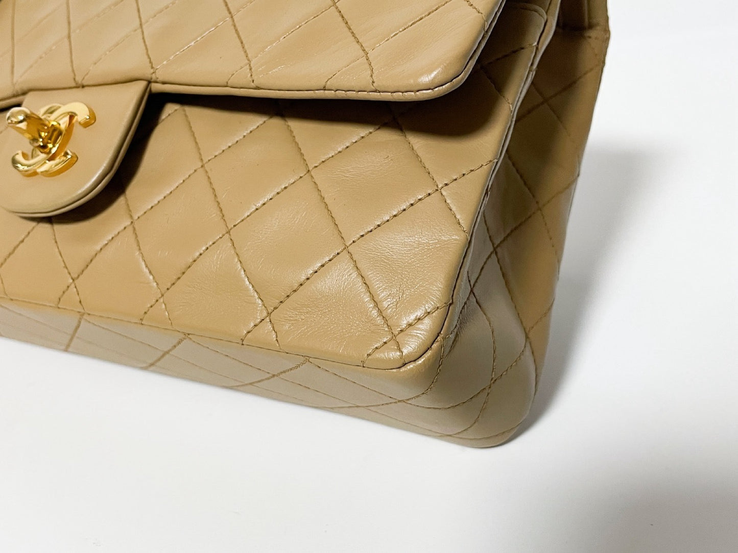 CHANEL Double Flap Matelasse Beige Lambskin Shoulder Bag with Seal