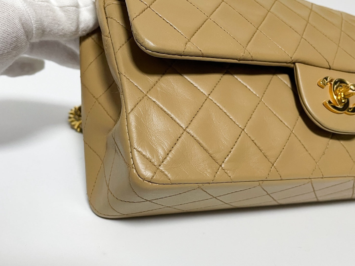 CHANEL Double Flap Matelasse Beige Lambskin Shoulder Bag with Seal