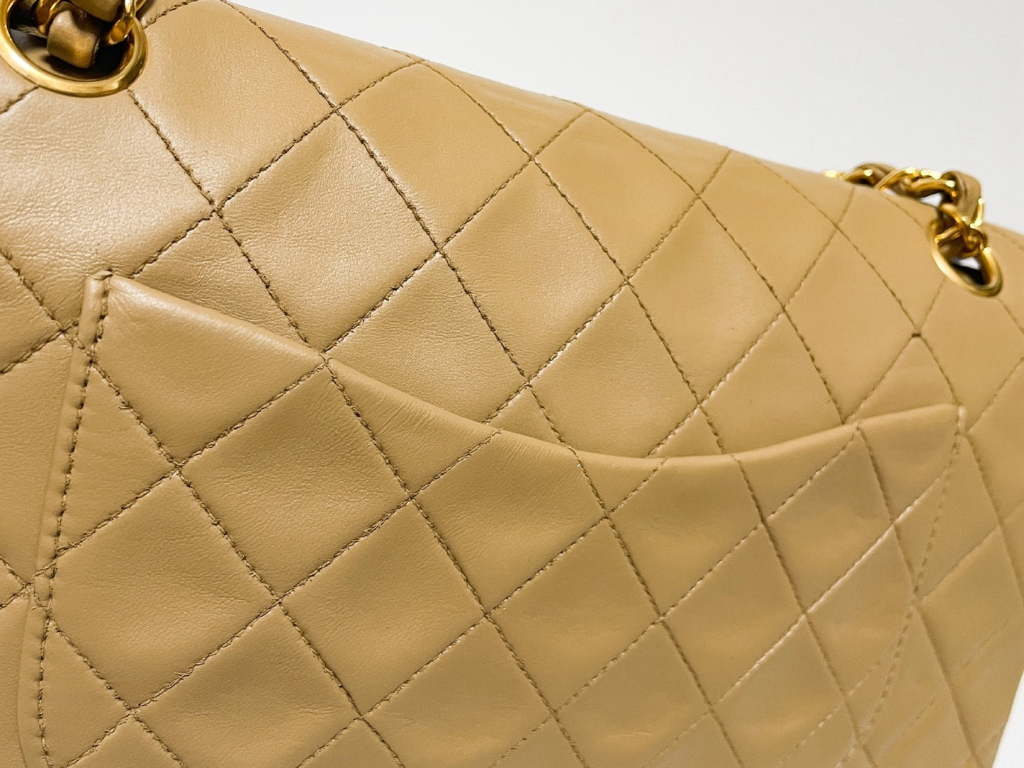 CHANEL Double Flap Matelasse Beige Lambskin Shoulder Bag with Seal