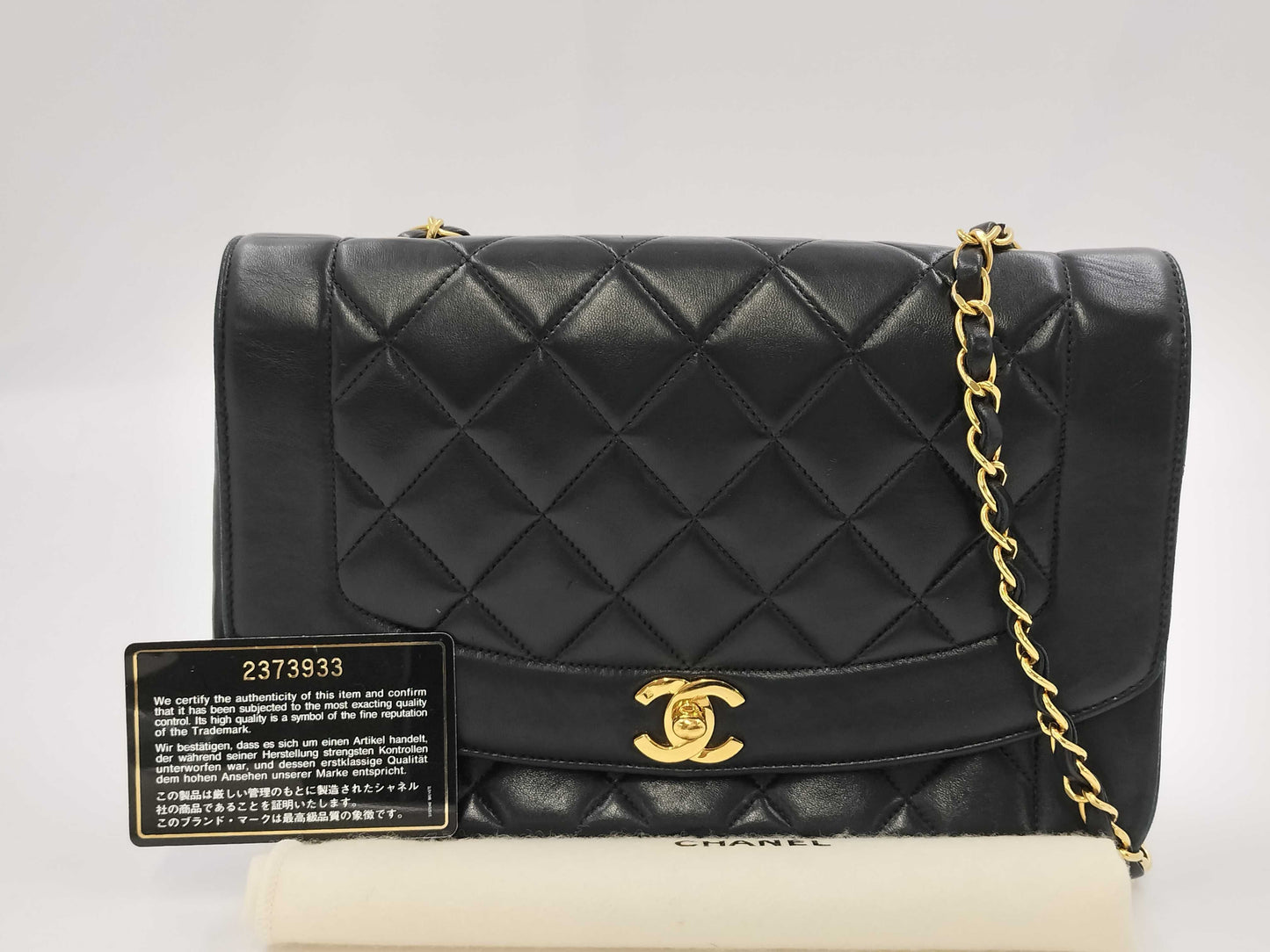 CHANEL Diana Matelasse Chain Shoulder Bag in Black with Turnlock closure