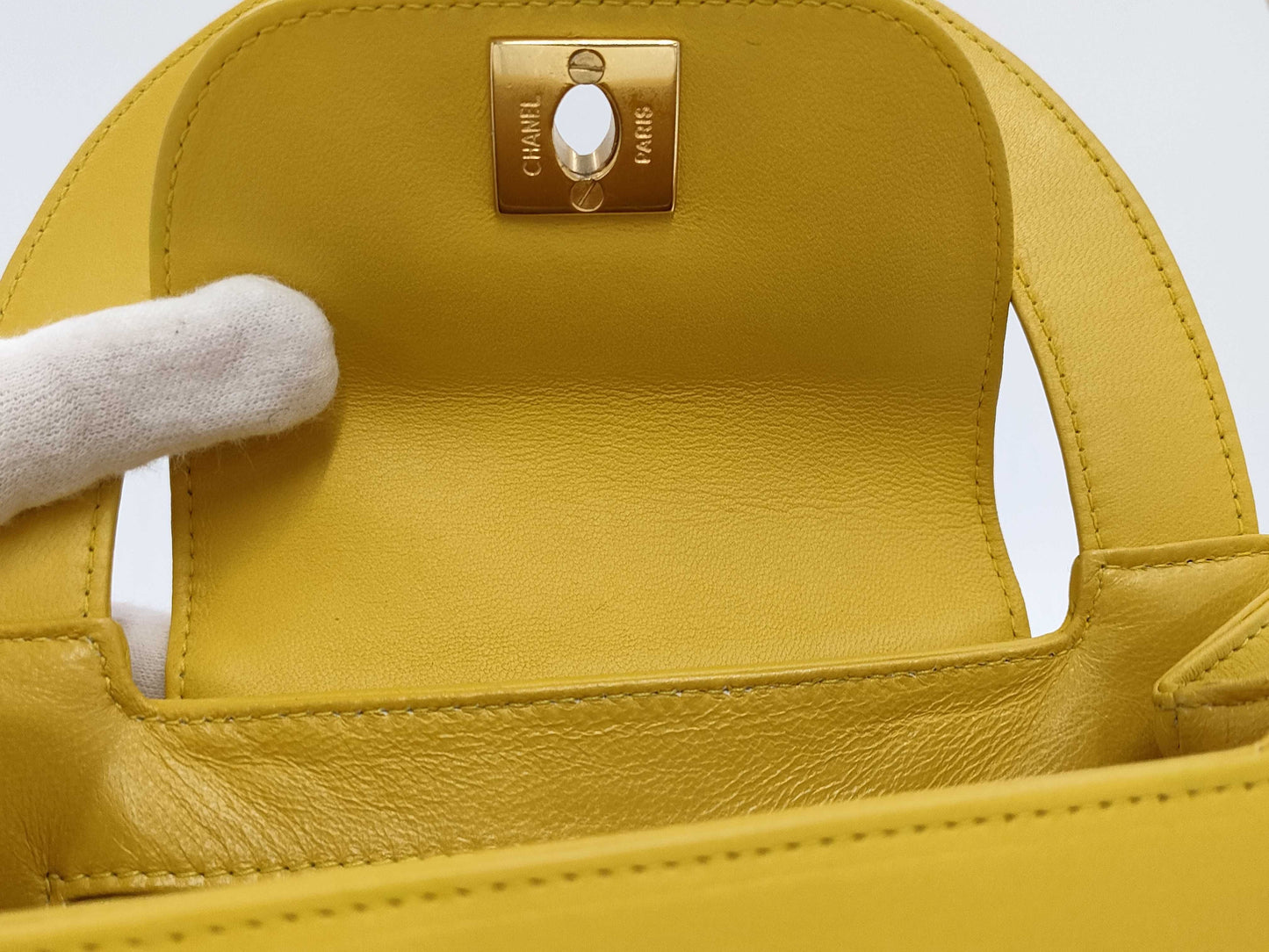 CHANEL Top Handle Lambskin Handbag with Turn Lock, Yellow