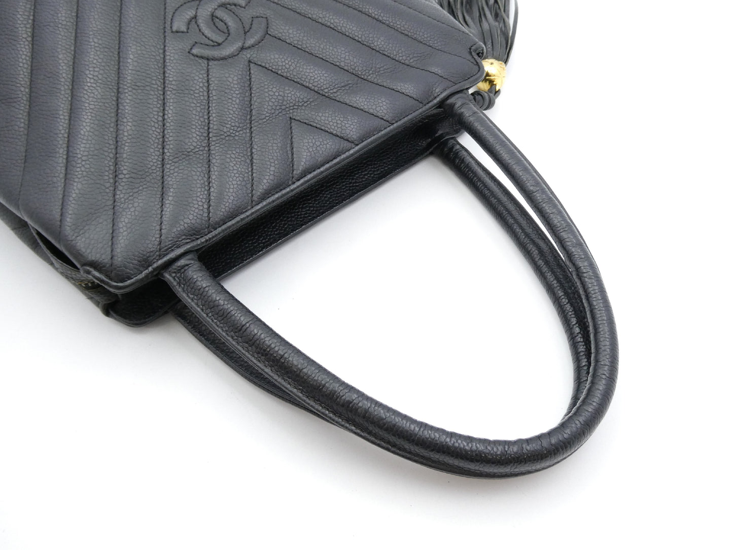 CHANEL V-Stitch Coco Mark Caviar Leather Fringe Tote Bag