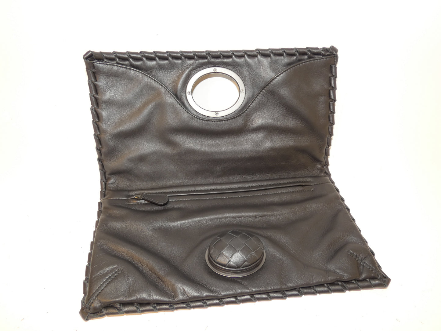 BOTTEGA VENETA Turnlock Intrecciato Black Leather Clutch Bag
