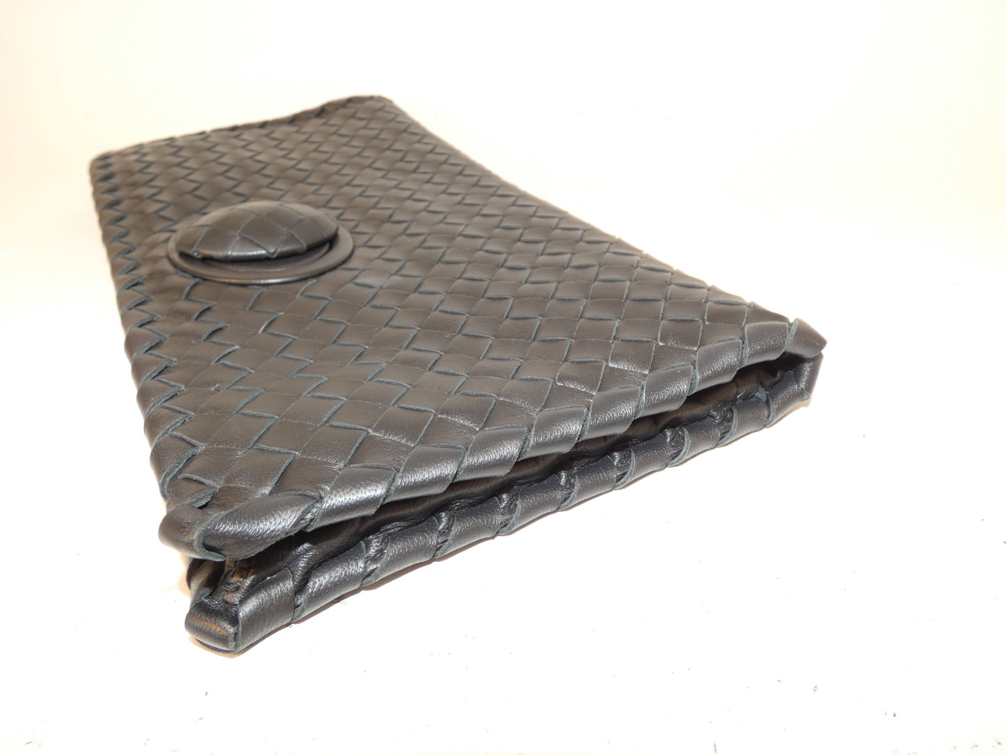 BOTTEGA VENETA Turnlock Intrecciato Black Leather Clutch Bag
