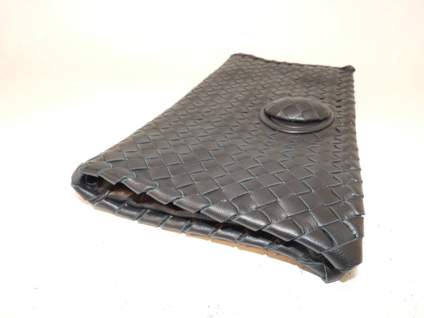 BOTTEGA VENETA Turnlock Intrecciato Black Leather Clutch Bag