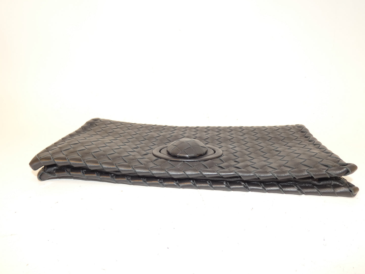 BOTTEGA VENETA Turnlock Intrecciato Black Leather Clutch Bag