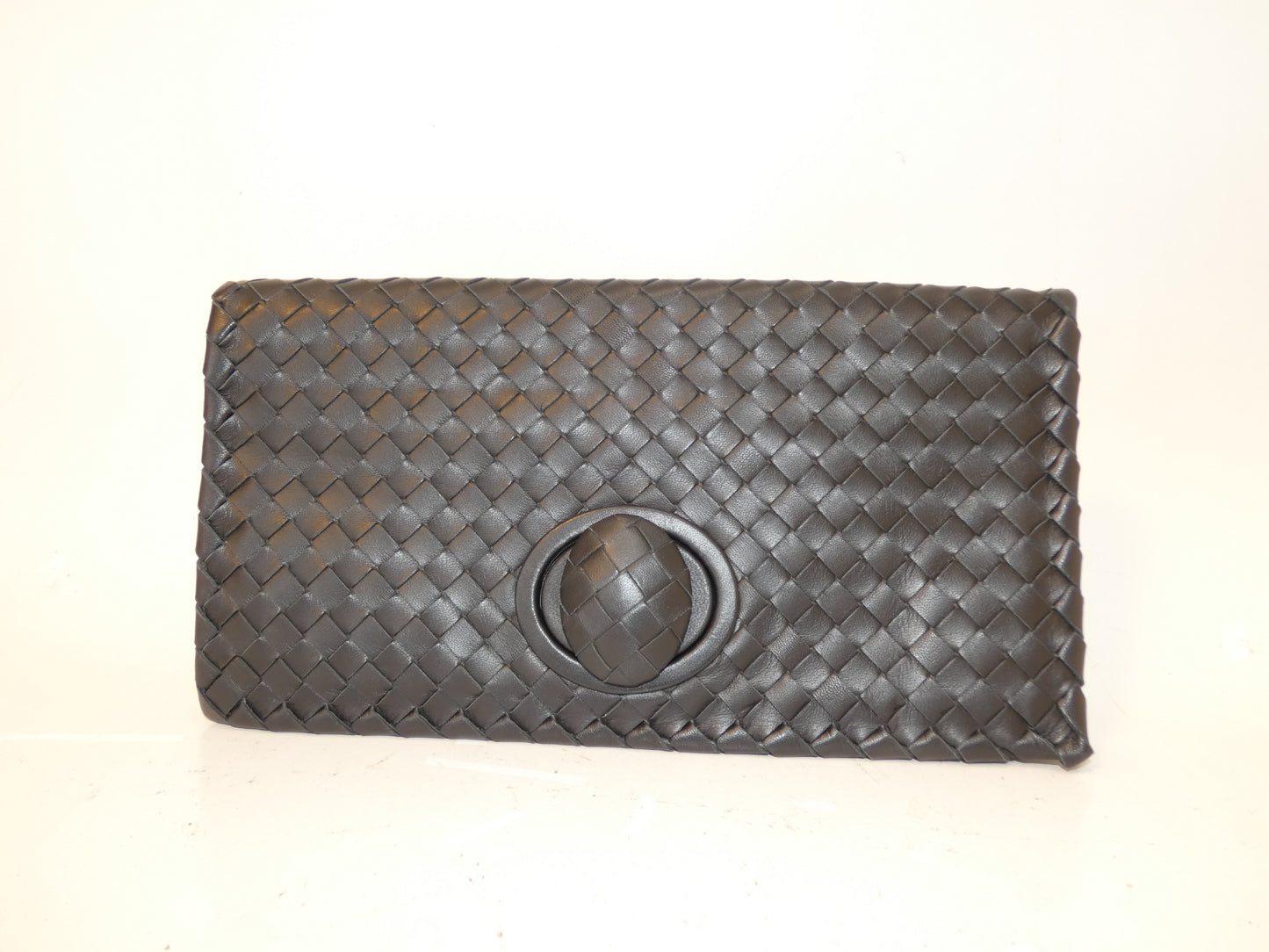 BOTTEGA VENETA Turnlock Intrecciato Black Leather Clutch Bag