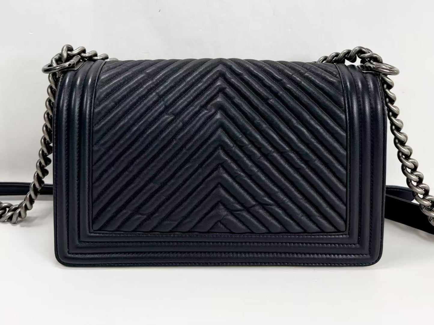 CHANEL Boy Chevron Wrinkled Shoulder Bag, W25cm, Approx. 20s, Vintage S Hardware, Dark Color, with Seal, 20772622