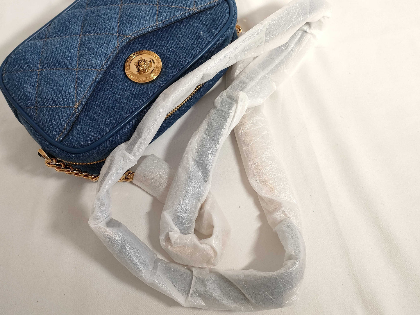 VERSACE Medusa Leather Shoulder Bag with Denim
