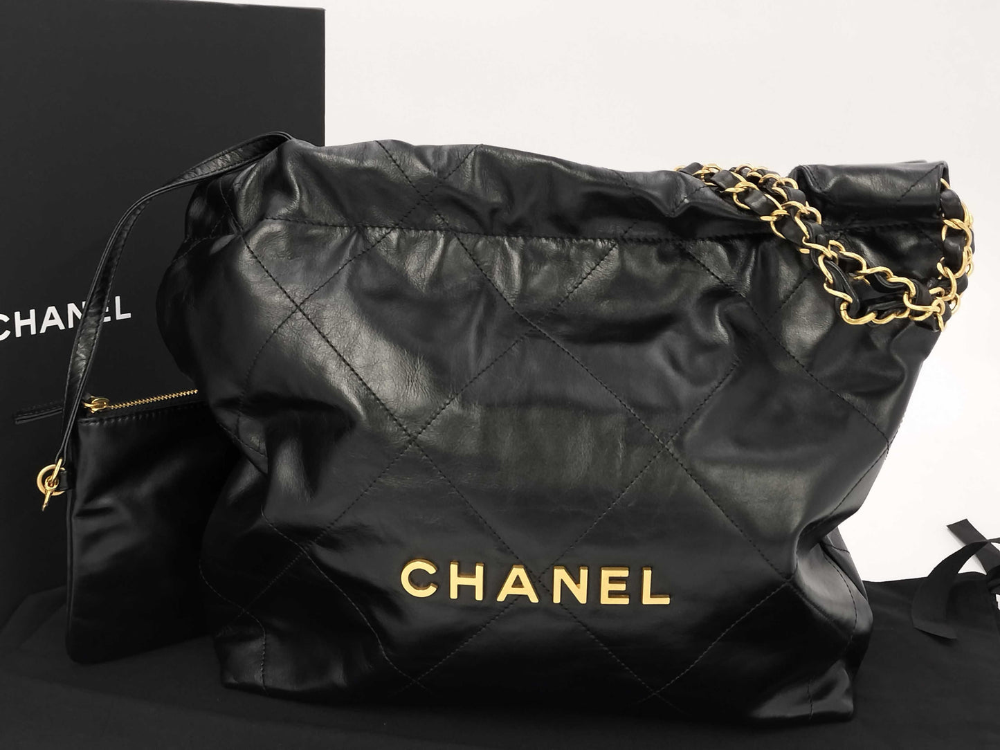 CHANEL CHANEL 22 Shiny Calfskin Chain Shoulder Bag with Gold Hardware and Pouch, AS3260, Serial Number Plate, Black, Shoulder Bag