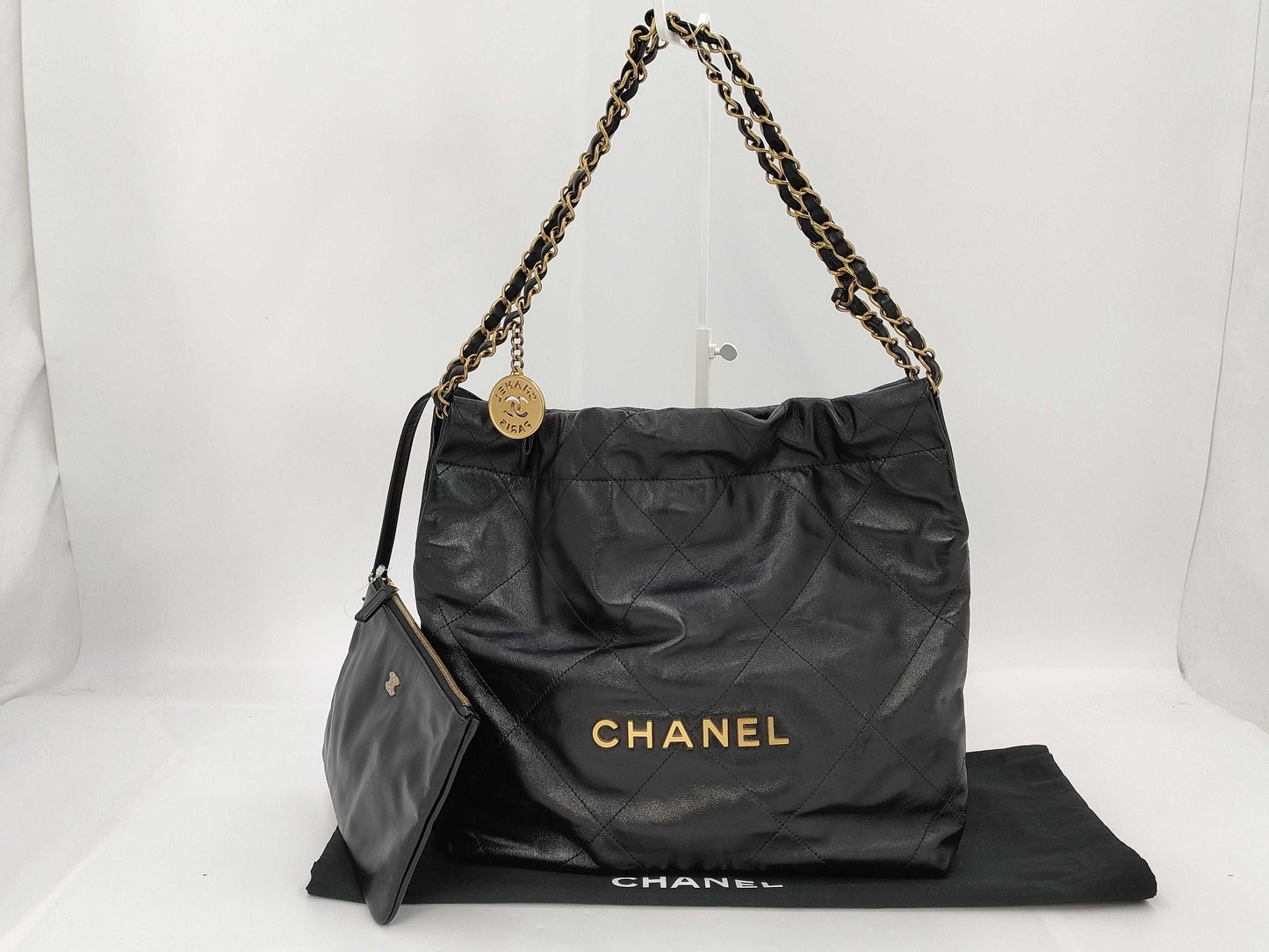 CHANEL CHANEL 22 Shiny Calfskin Chain Shoulder Bag with Gold Hardware and Pouch, AS3260, Serial Number Plate, Black, Shoulder Bag