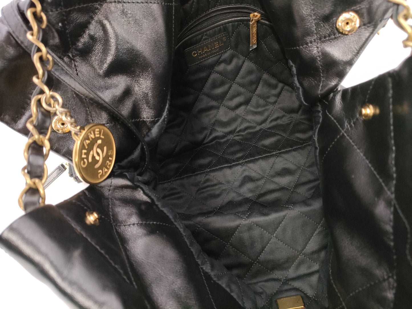 CHANEL CHANEL 22 Shiny Calfskin Chain Shoulder Bag with Gold Hardware and Pouch, AS3260, Serial Number Plate, Black, Shoulder Bag