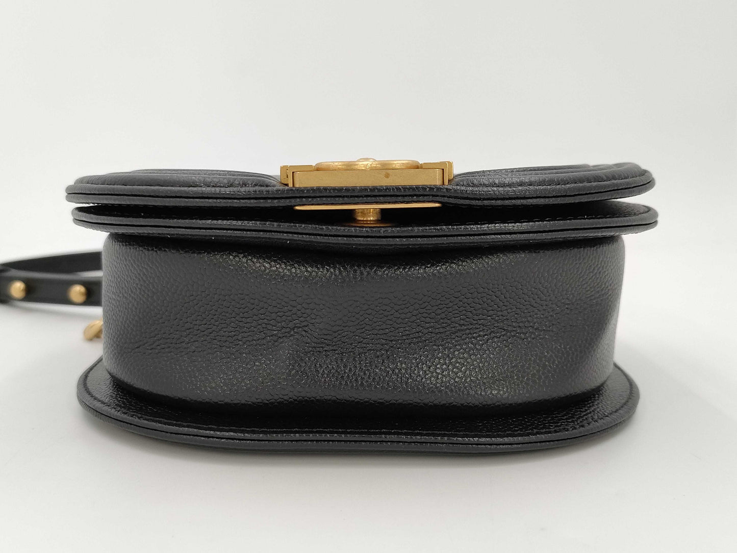 CHANEL Boy Chanel Round Caviar Leather Shoulder Bag with Gold Hardware and Chain Serial Number Plate in Black