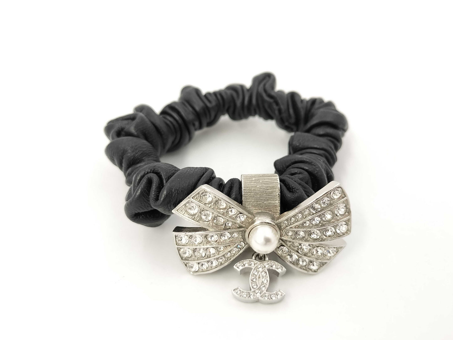 CHANEL Scrunchie Hair Accessory Bracelet Lambskin Ribbon Coco Mark A22P Hair Accessory