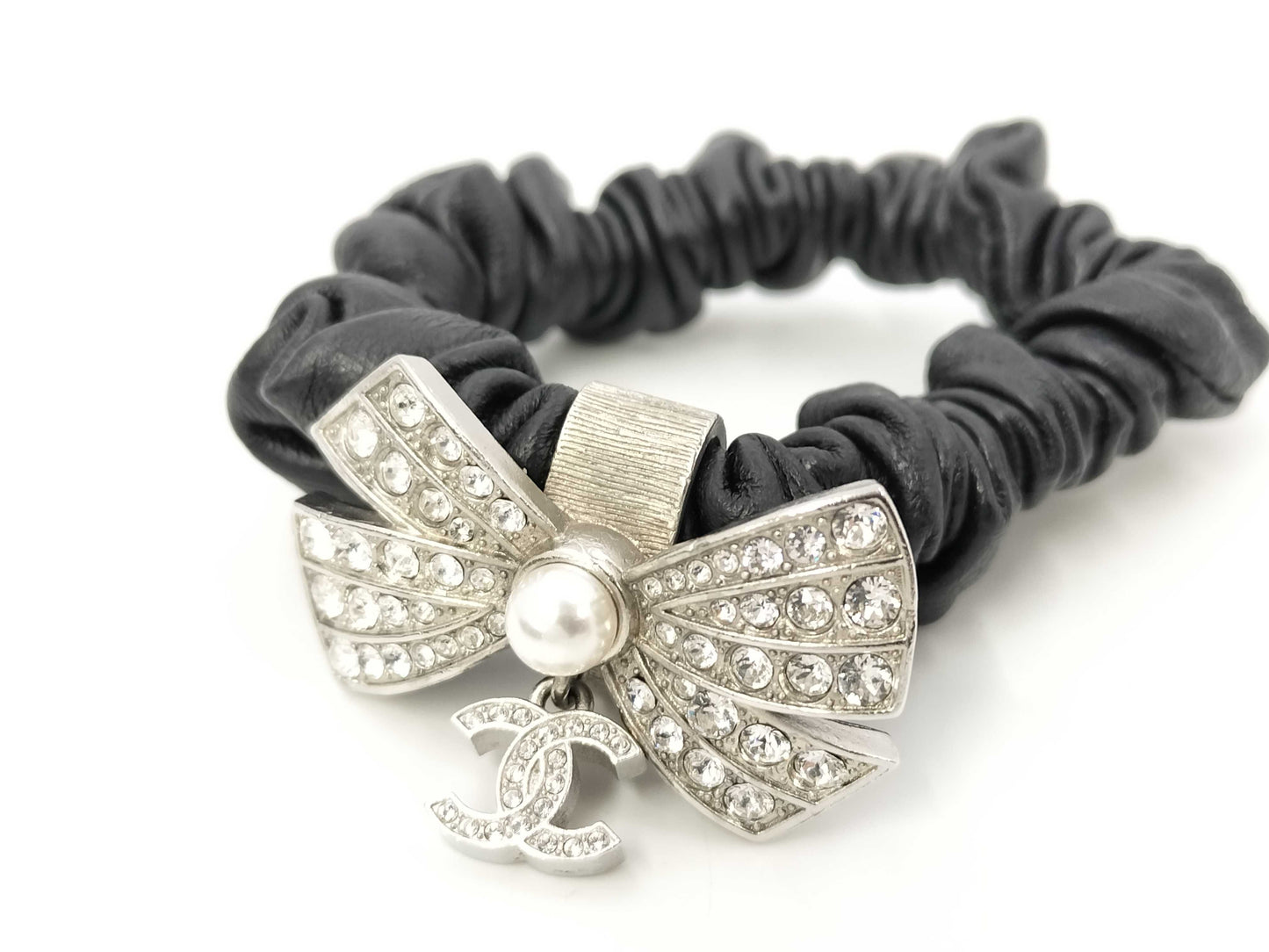 CHANEL Scrunchie Hair Accessory Bracelet Lambskin Ribbon Coco Mark A22P Hair Accessory