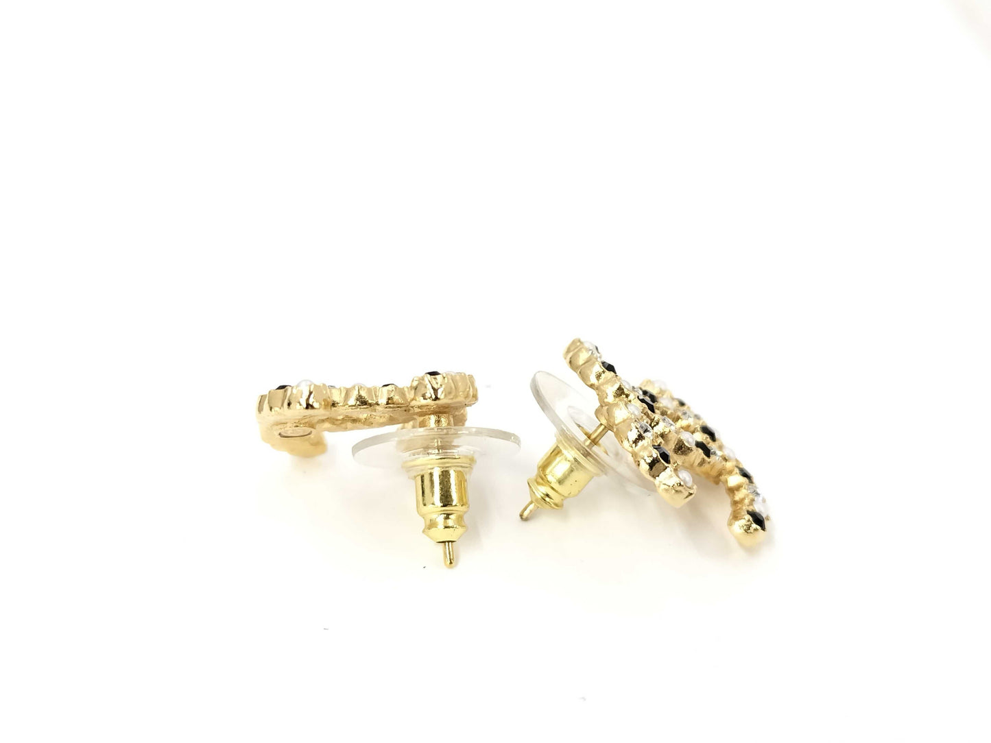 CHANEL Coco Mark Black x Clear Stone Pearl A21V Earrings