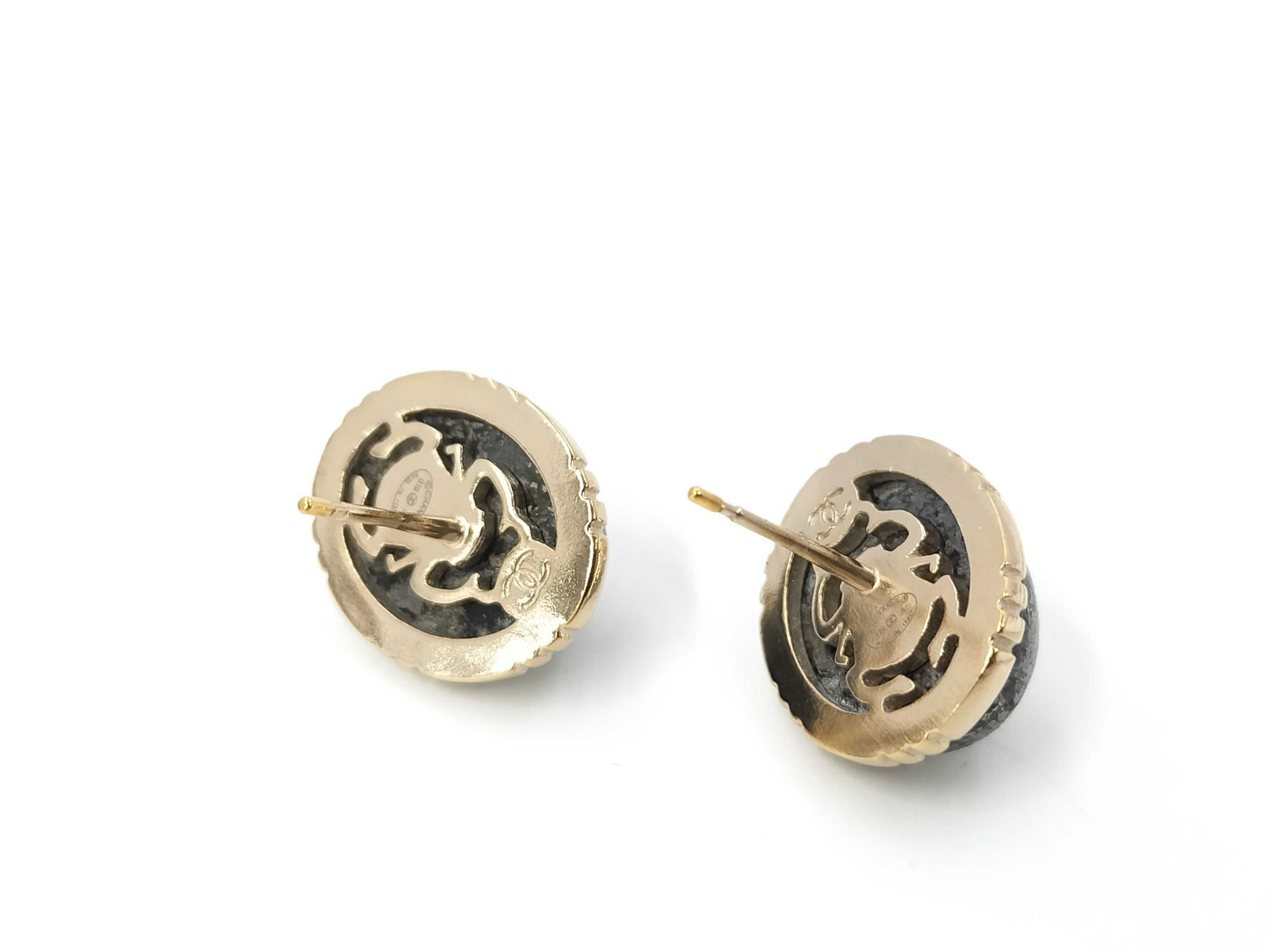 CHANEL Oval Color Stone Marble Black Coco Mark B19A Earrings
