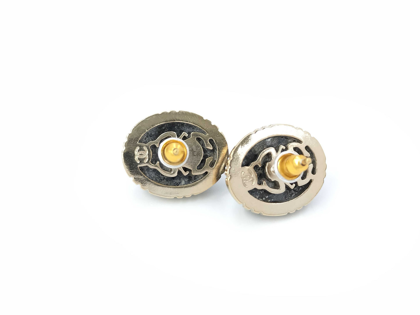 CHANEL Oval Color Stone Marble Black Coco Mark B19A Earrings