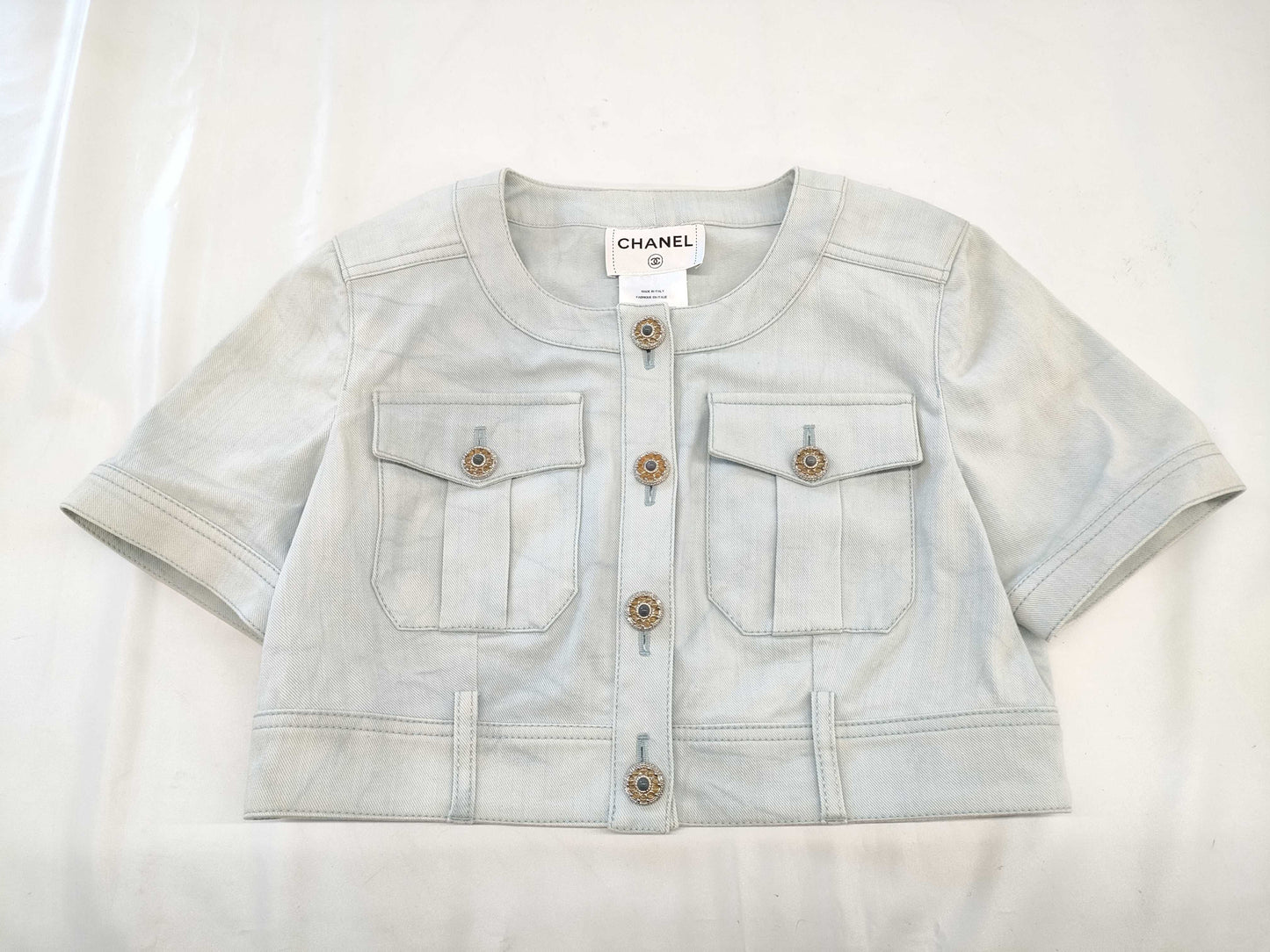 CHANEL Short Sleeve Cropped Denim Jacket, Size 38