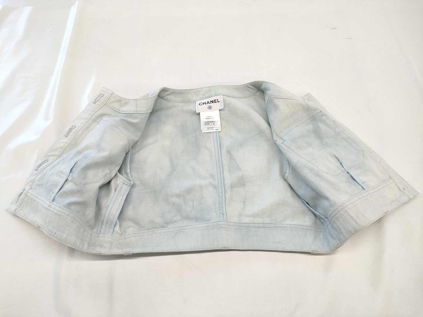 CHANEL Short Sleeve Cropped Denim Jacket, Size 38