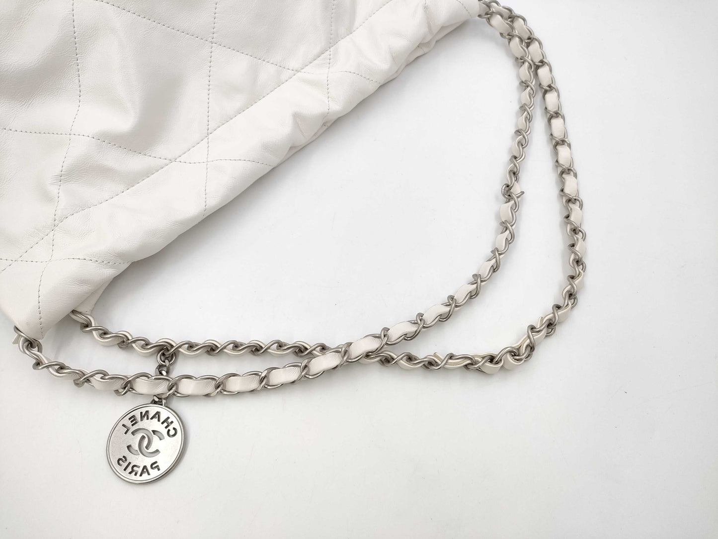 CHANEL Calfskin WHITE SILVER Chanel 22 Line IC Shoulder Bag