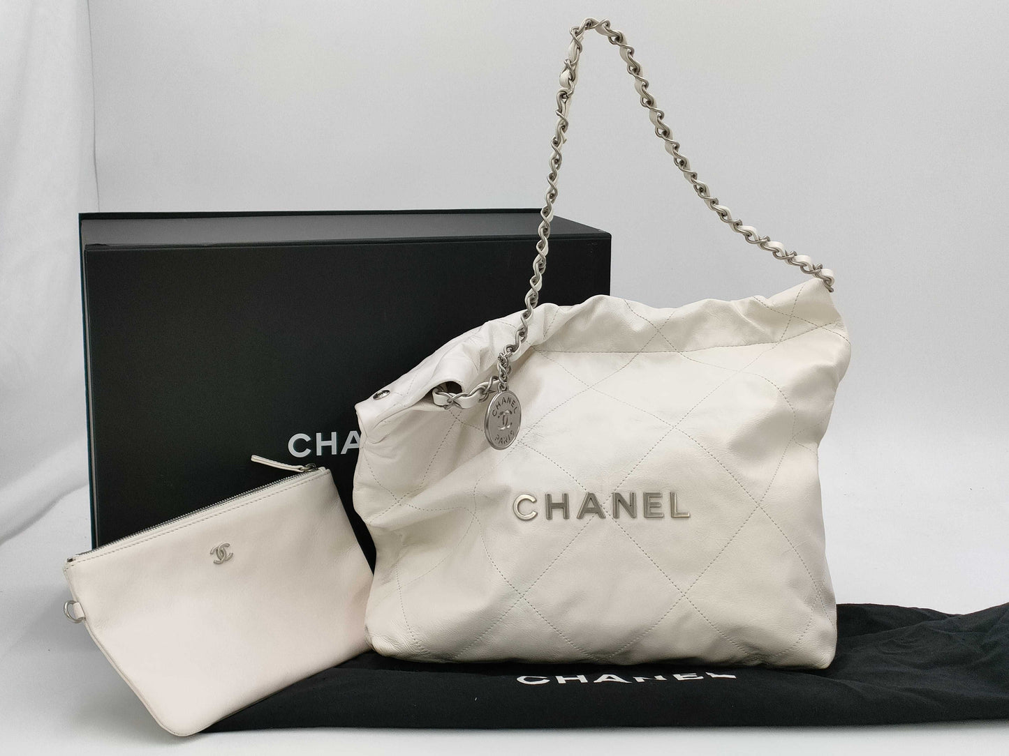 CHANEL Calfskin WHITE SILVER Chanel 22 Line IC Shoulder Bag