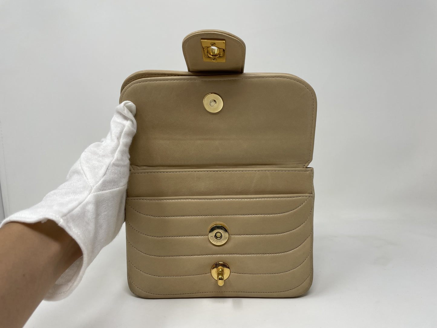 CHANEL CHANEL Shoulder Bag Lambskin Wave Stitch Beige Shoulder Bag