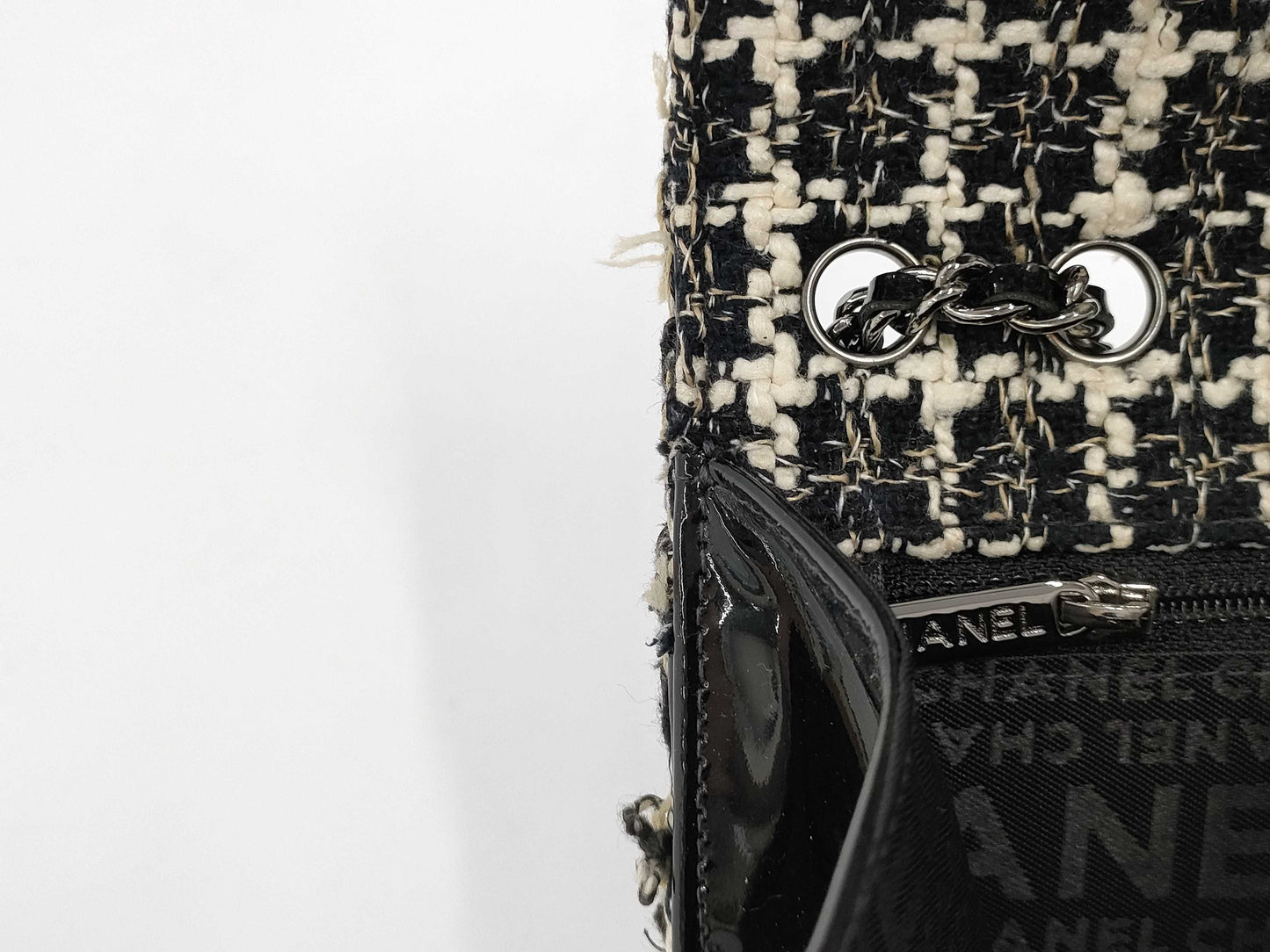 CHANEL Tweed Patent Shoulder Bag