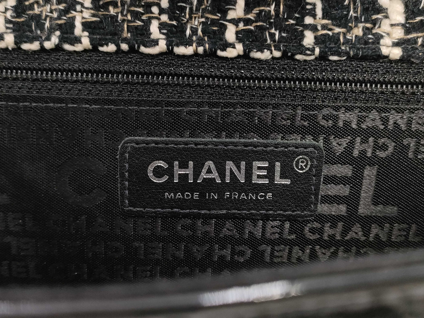 CHANEL Tweed Patent Shoulder Bag