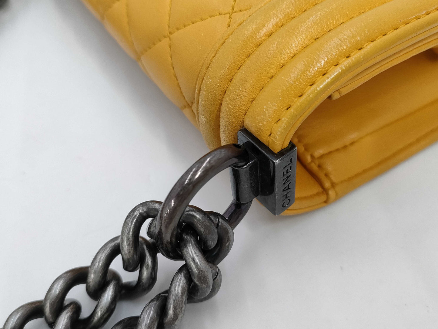 CHANEL Boy Chanel Matelasse Lambskin Chain Shoulder Bag Yellow