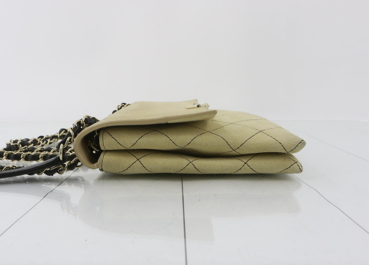CHANEL Matelasse Logo Chain Shoulder Bag, Suede, Beige, No. 23