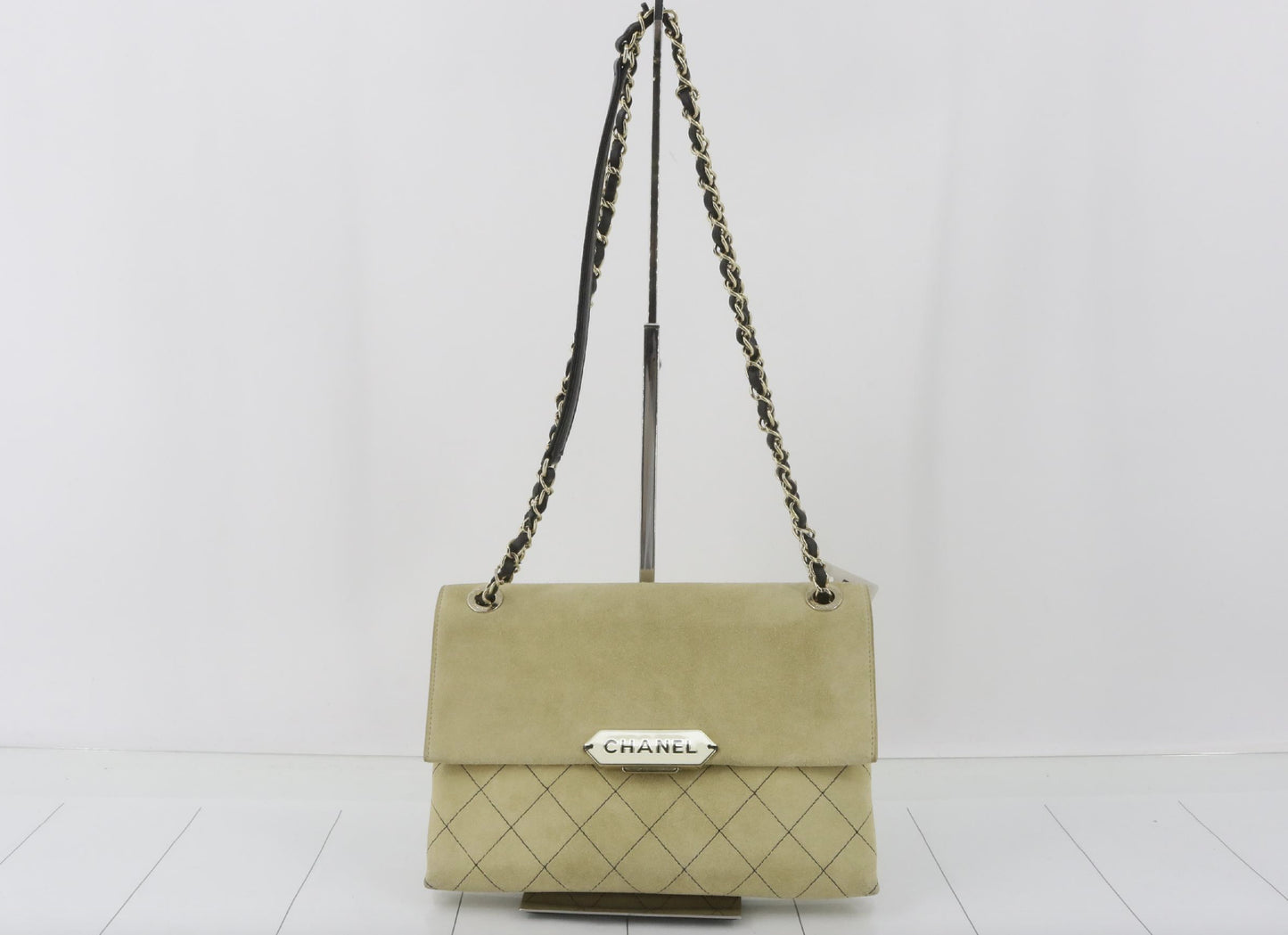 CHANEL Matelasse Logo Chain Shoulder Bag, Suede, Beige, No. 23