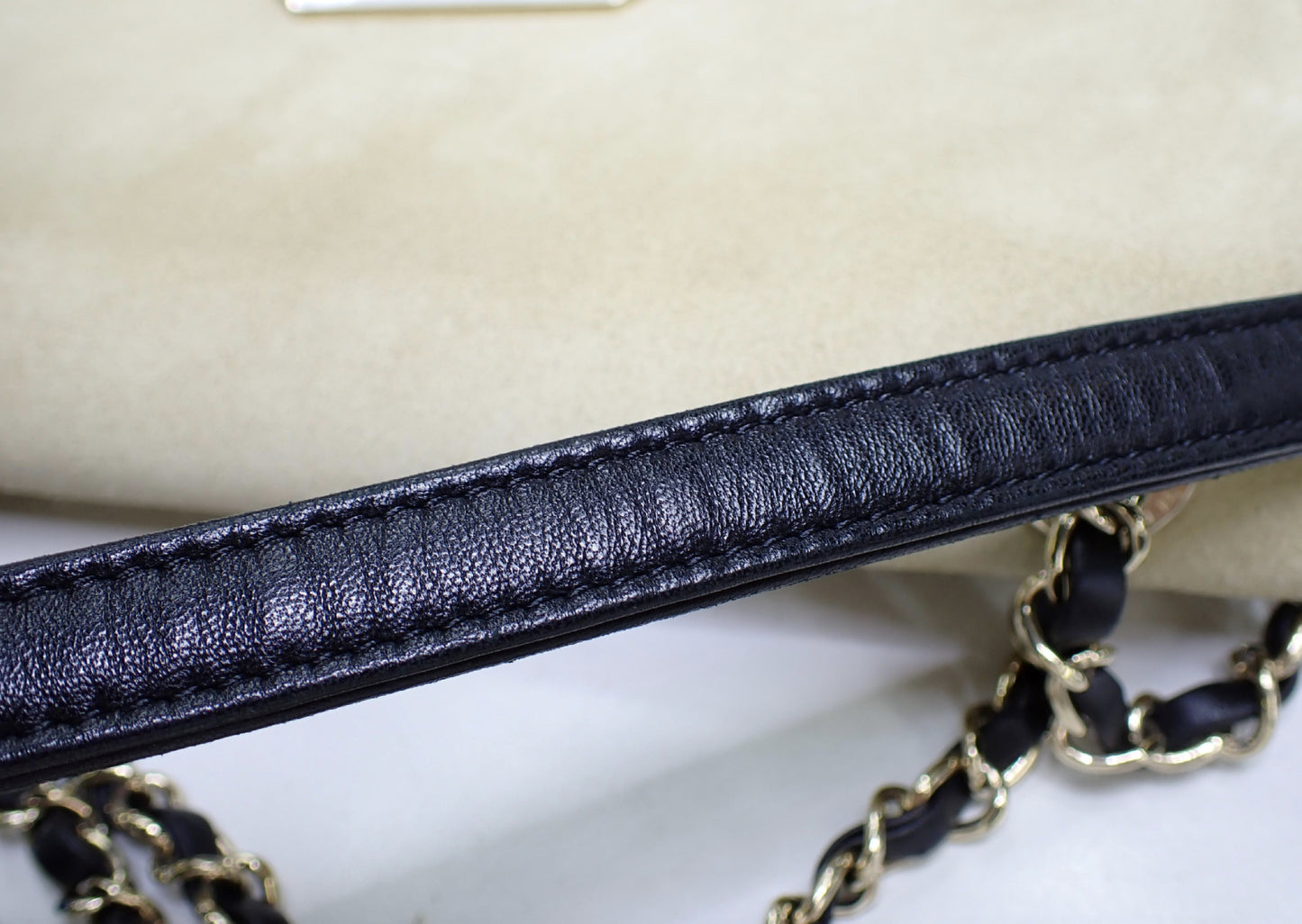 CHANEL Matelasse Logo Chain Shoulder Bag, Suede, Beige, No. 23