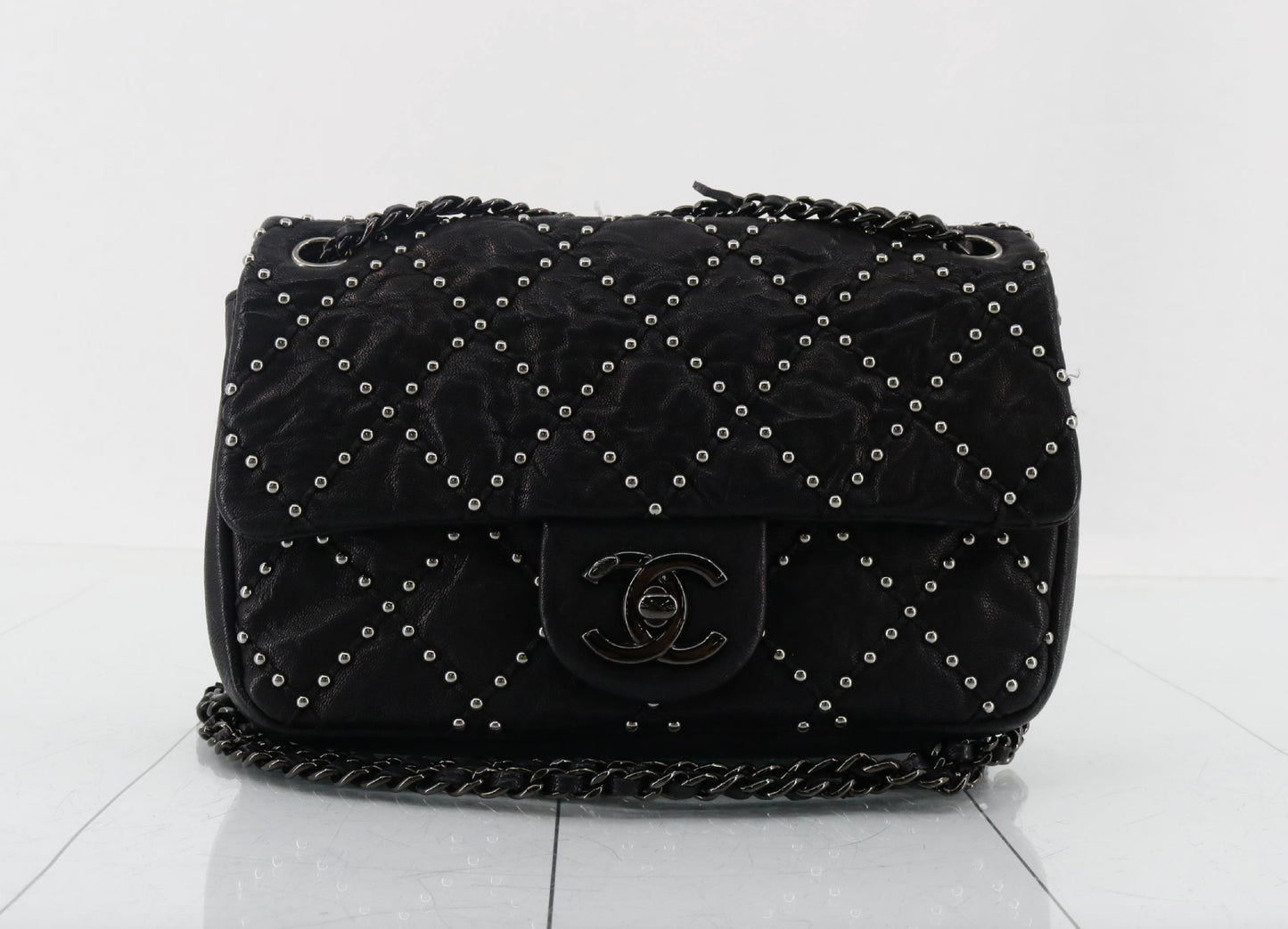 CHANEL Matelasse Stud Chain Shoulder Bag, Black, 19th Series