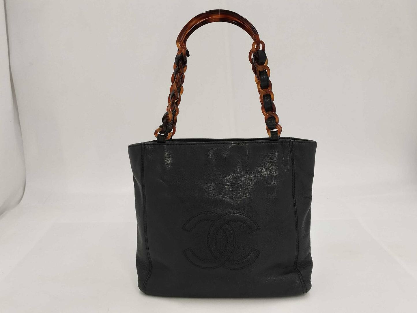 CHANEL Caviar Skin Coco Mark Tortoiseshell Chain Tote Bag with Sticker and Card