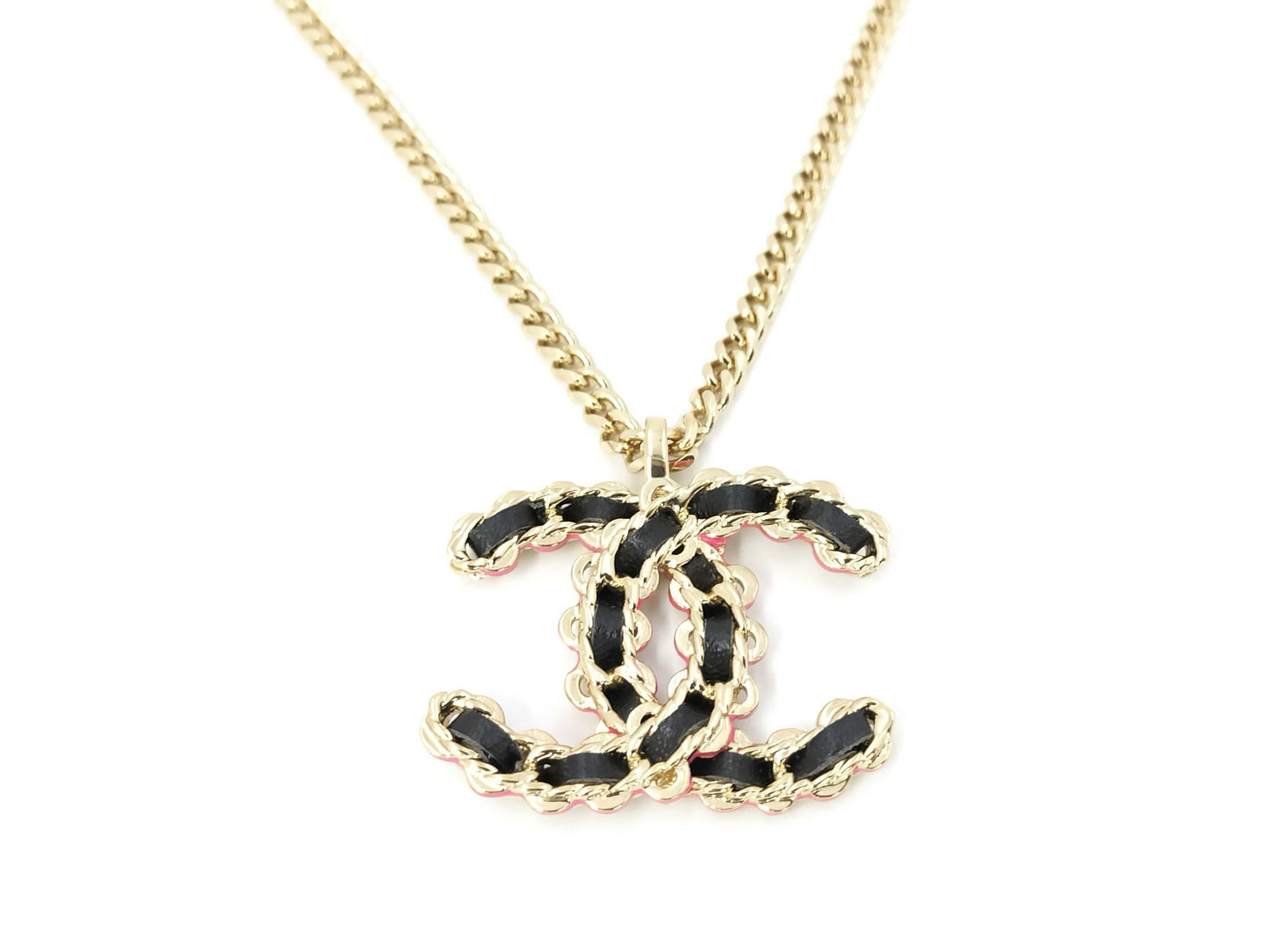 CHANEL GP Necklace with Coco Mark, Black Leather, Pink Lacquer, ABB477, 28.5g