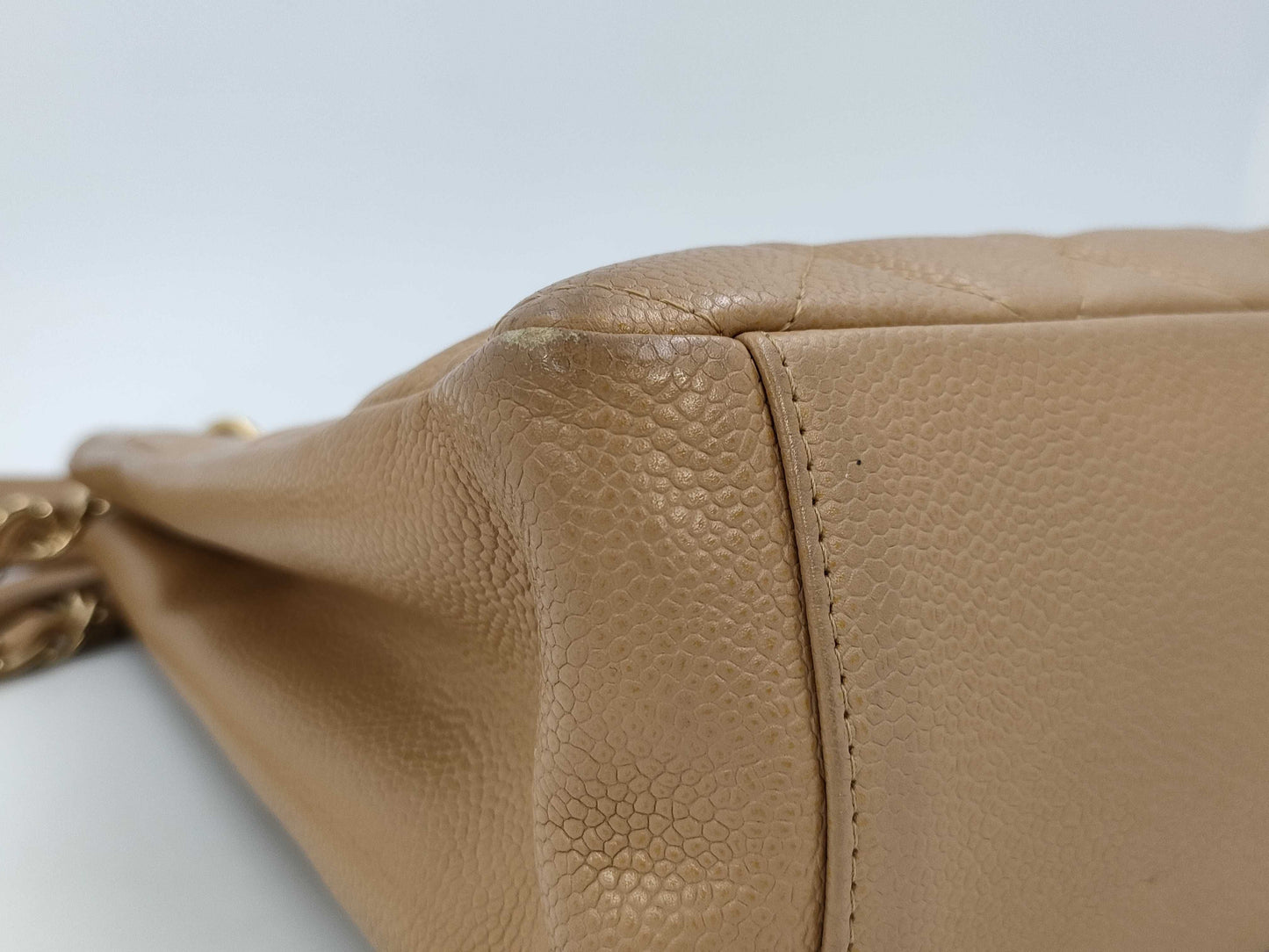 CHANEL Chain Tote Shoulder Bag, Caviar Leather, Beige, GD Hardware, No. 8 Series
